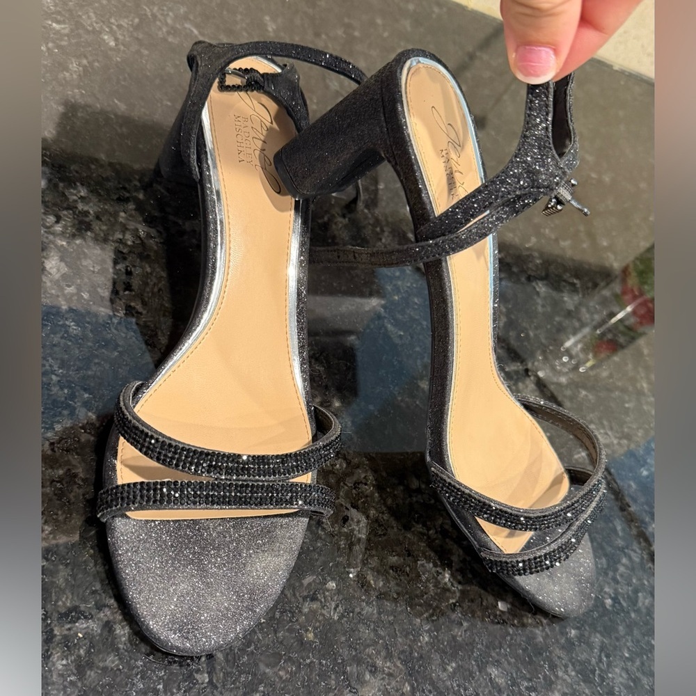 Jewel Badgley Mischka Black Glitter Sandals - Picture 4 of 5
